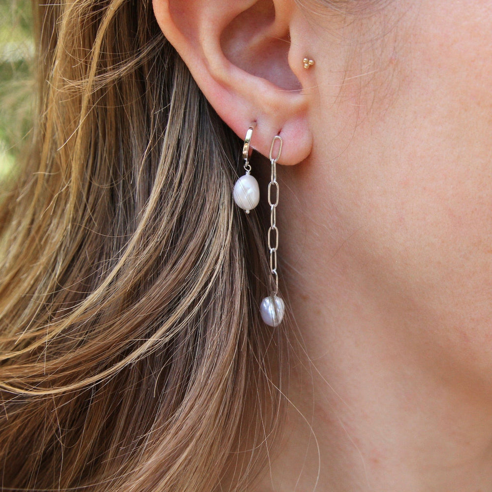 EAR Silver Pearl Mini Hoop Earrings