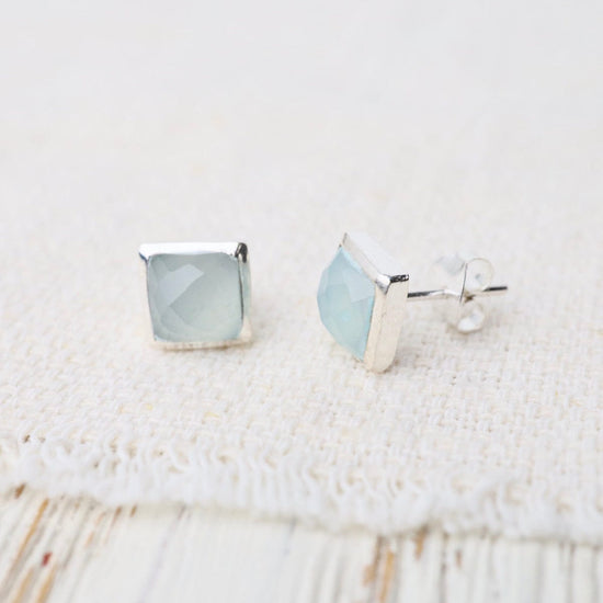 EAR Silver Square Madeline Stud Earrings - Aqua Blue Chalcedony