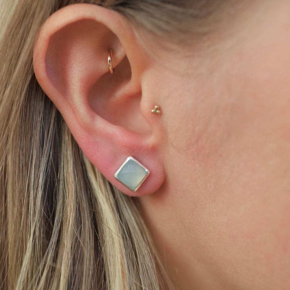 EAR Silver Square Madeline Stud Earrings - Aqua Blue Chalcedony