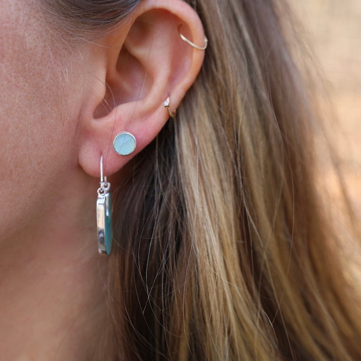 EAR Silver Stone Slice Hoop Earrings - Aqua Blue Chalcedony