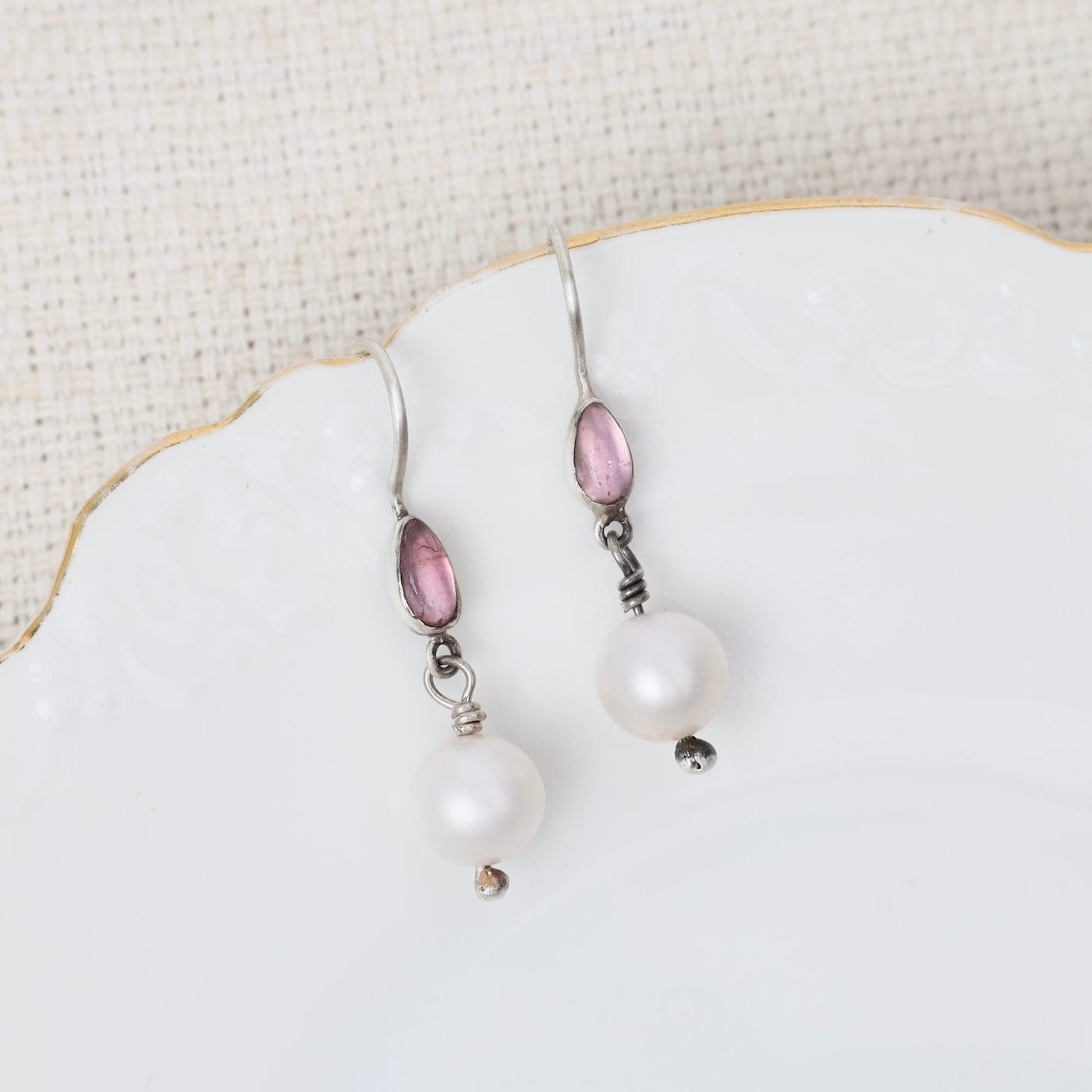 EAR Small Pearl and Pink Tourmaline Marquis Drops