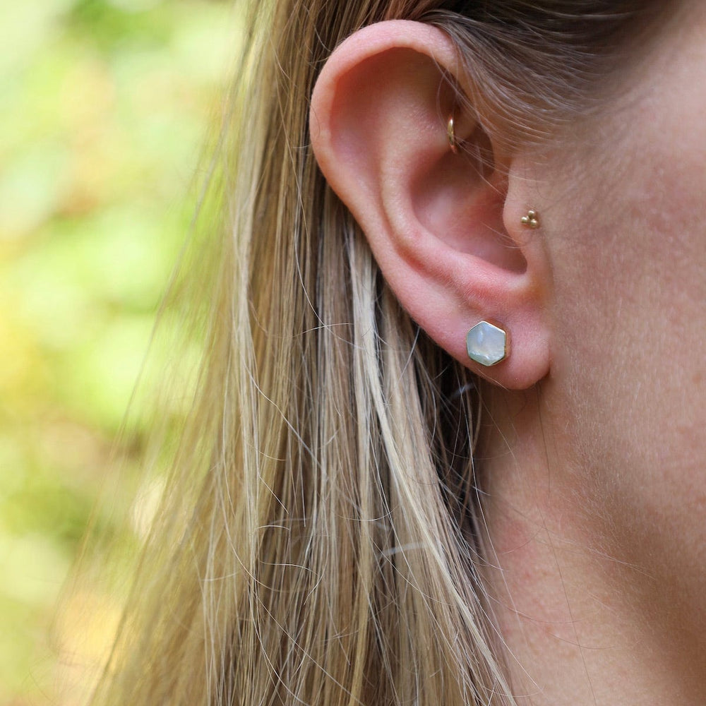 EAR Solid Brass Hexagon Studs with Mother of Pearl Inlay