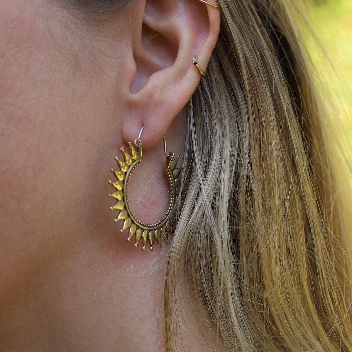 EAR Solid Brass Radiant Sun Hoop Earrings