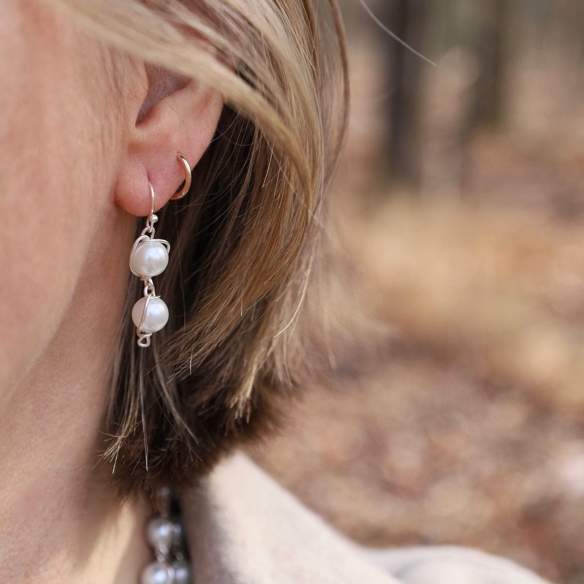 EAR-SPL 8mm Glass Pearl 2 Drop From Ear Wire - Silver Plat