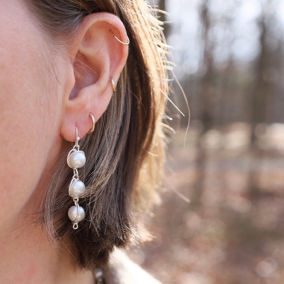 EAR-SPL 8mm Glass Pearl 3 Drop From Ear Wire - Silver Plat