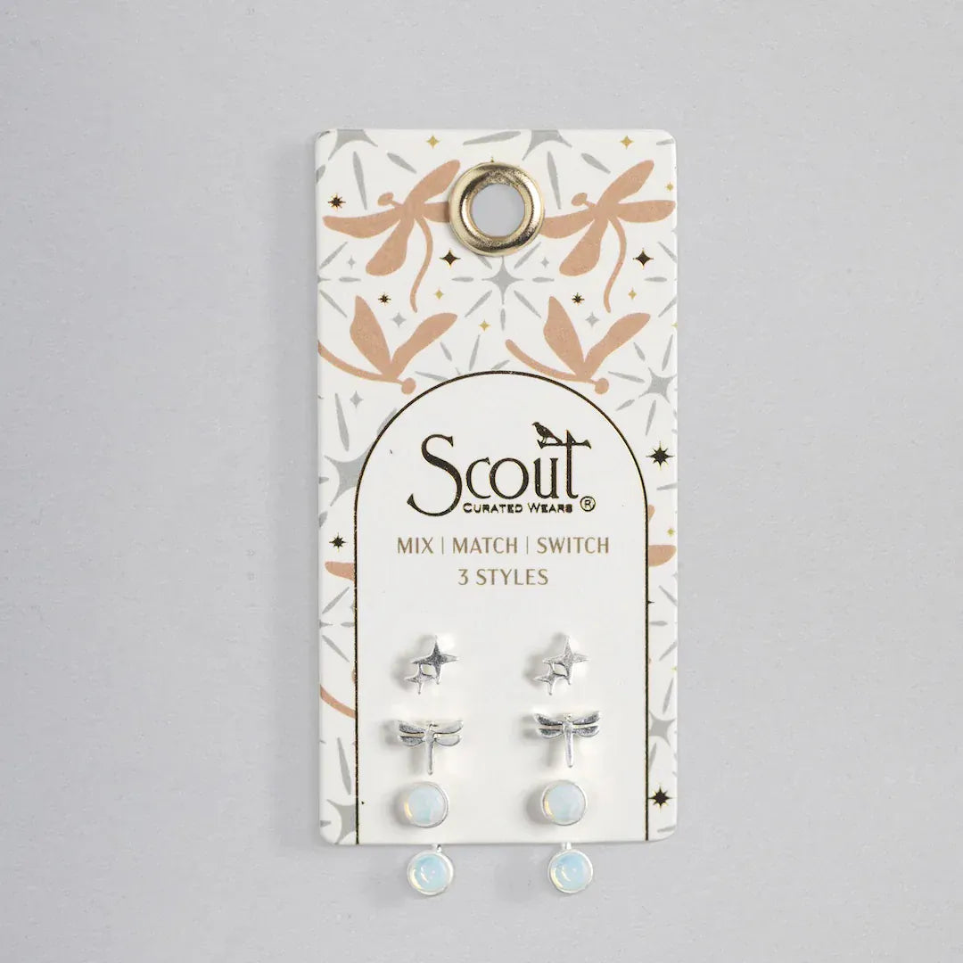 EAR-SPL Stud Trio Ear Jacket Set - Dragonfly/Opalite/Silver