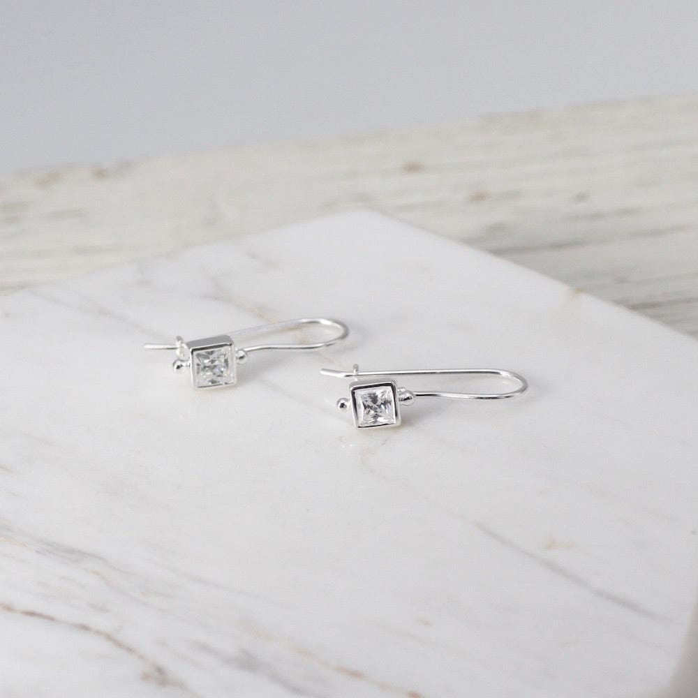 EAR Square Bezel Set CZ Earring with Locking Hook - Sterling Silver