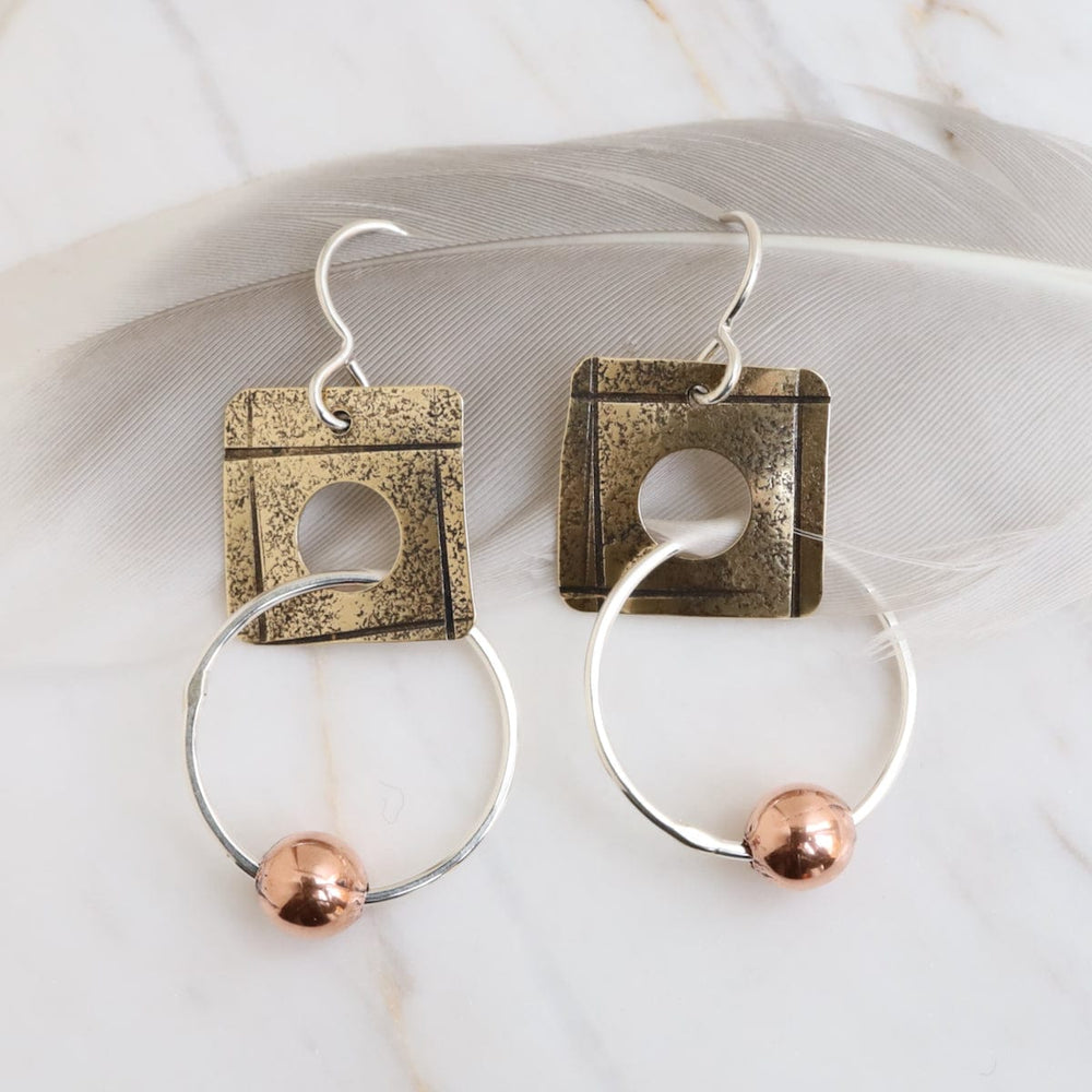 EAR Square With Silver Ring And Copper Bead Earring