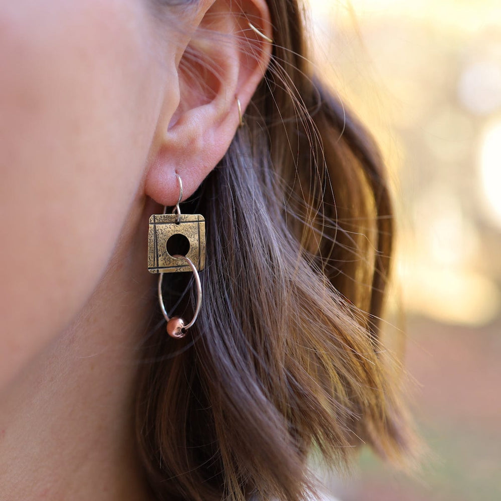 EAR Square With Silver Ring And Copper Bead Earring