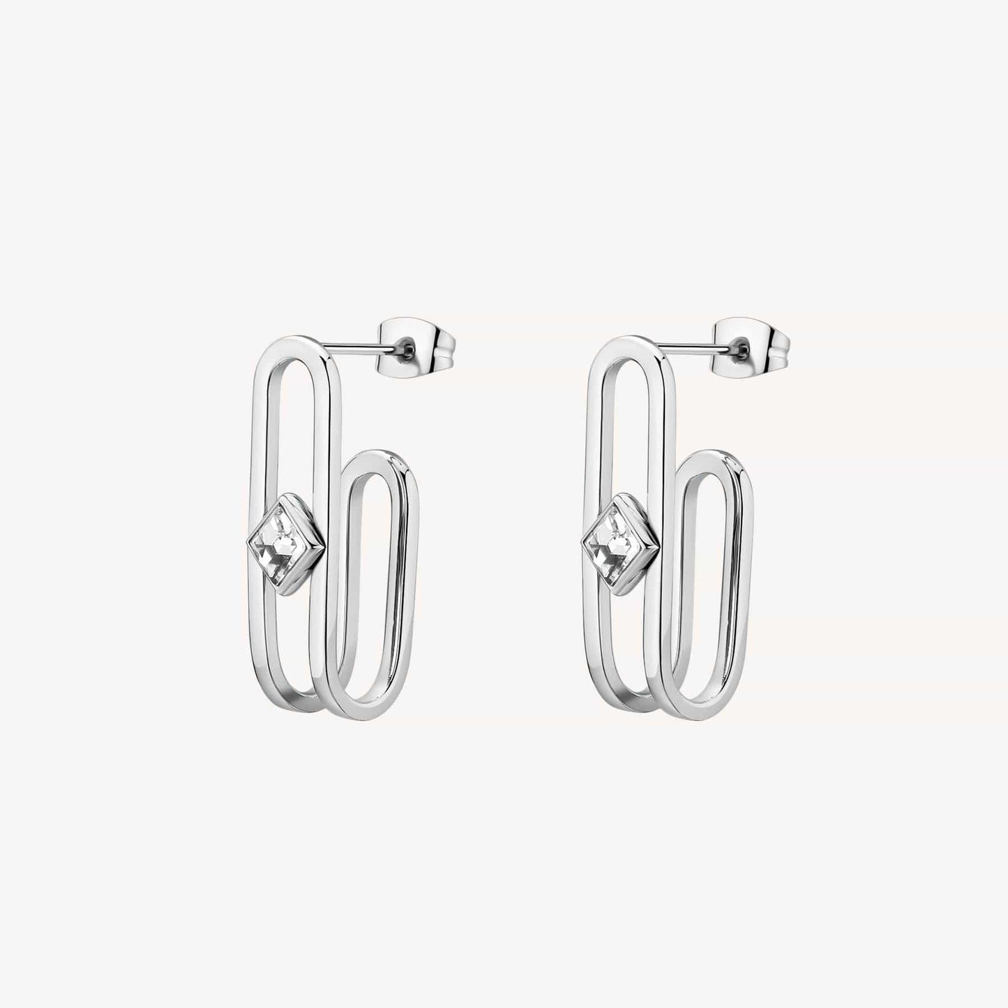 EAR-SS Stainless Steel Bent Oval Earrings with Crystals