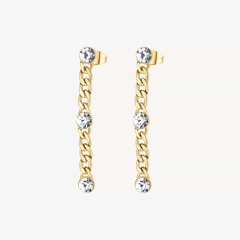 
                      
                        EAR-SS Stainless Steel Gold Tone Chain Drop Earrings with Crystals
                      
                    