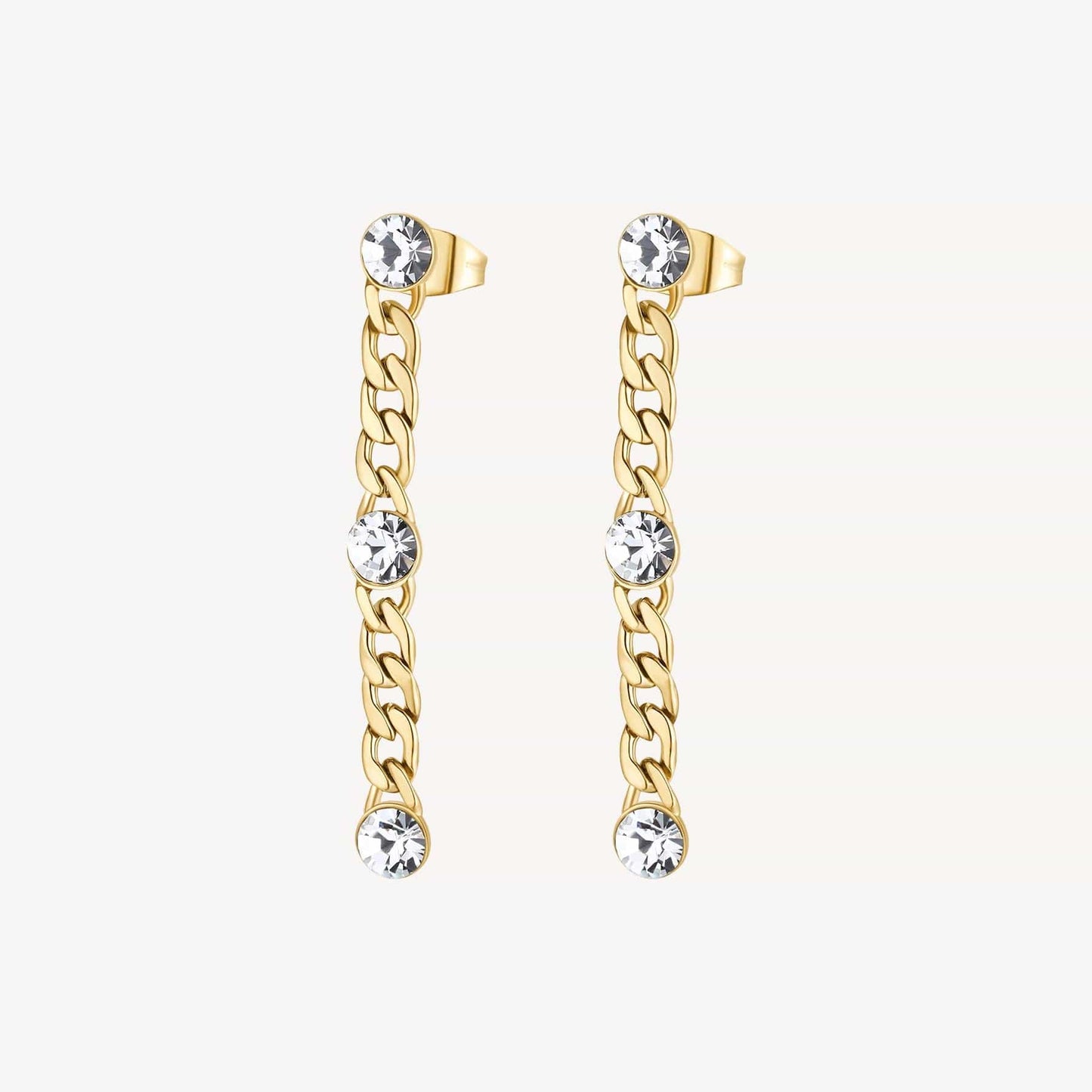 EAR-SS Stainless Steel Gold Tone Chain Drop Earrings with Crystals