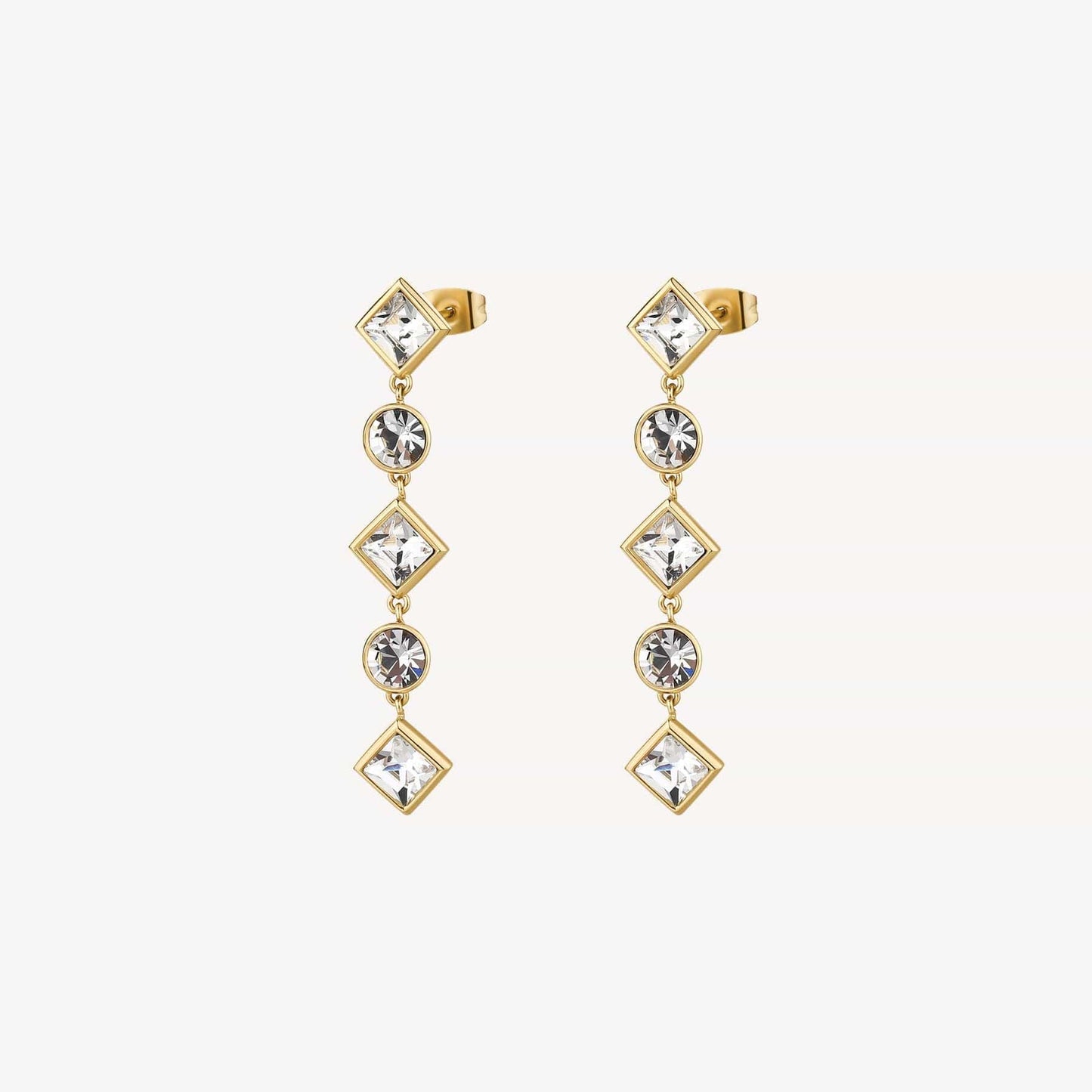 EAR-SS Stainless Steel Gold Tone Long Round & Square Crystals Earrings