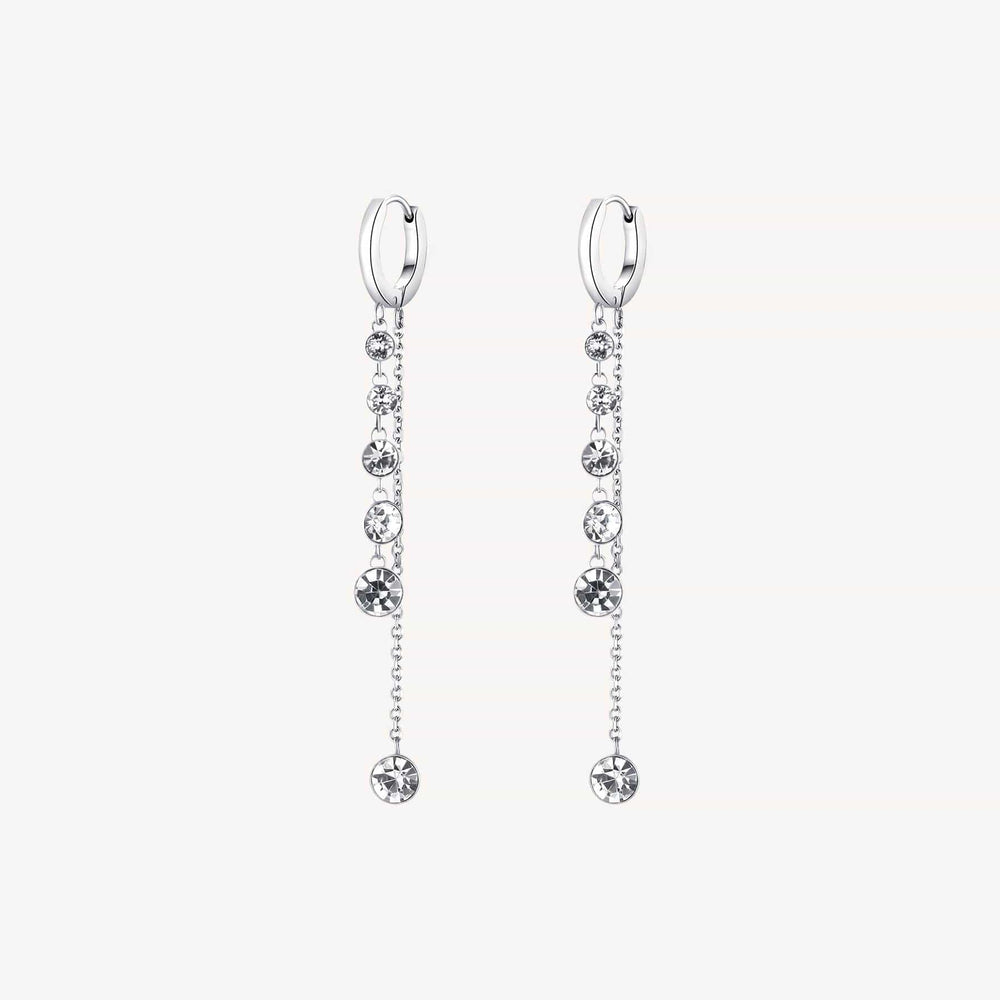 EAR-SS Stainless Steel Hoop Earrings with Long Clear Crystal Drops