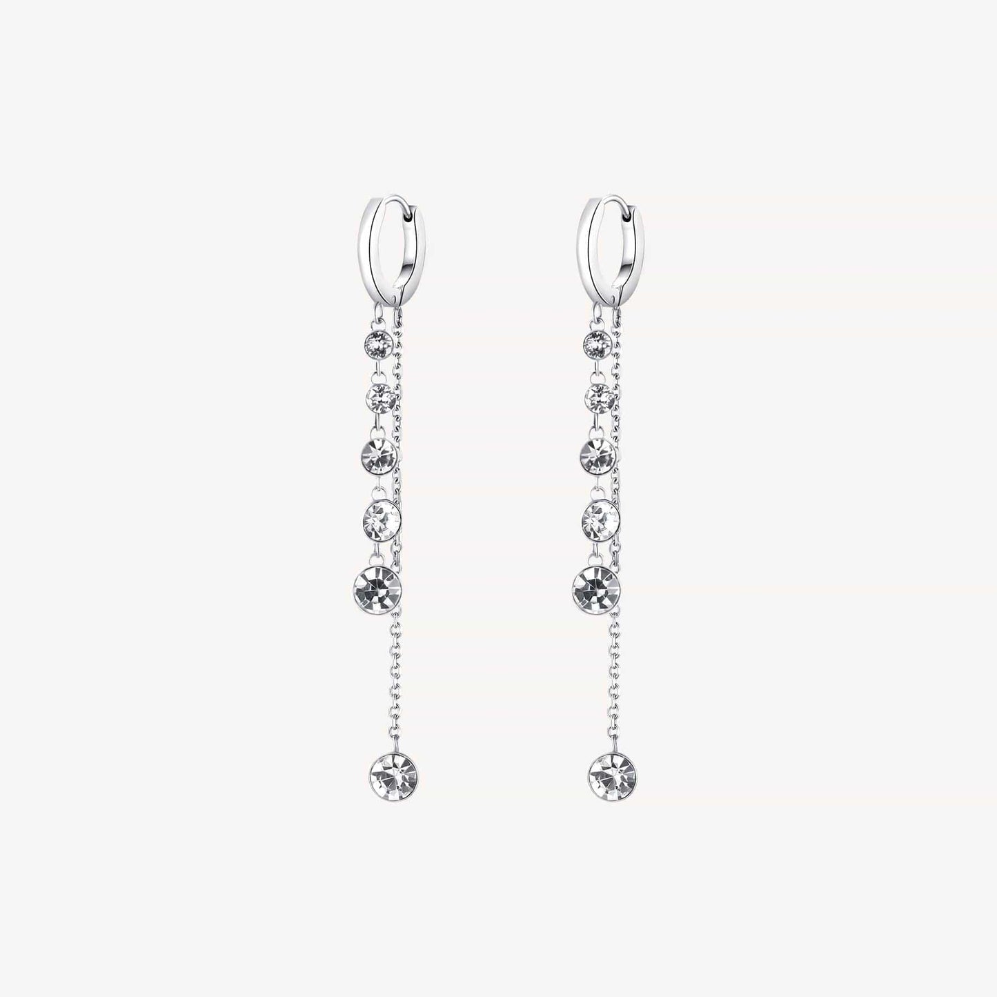 EAR-SS Stainless Steel Hoop Earrings with Long Clear Crystal Drops