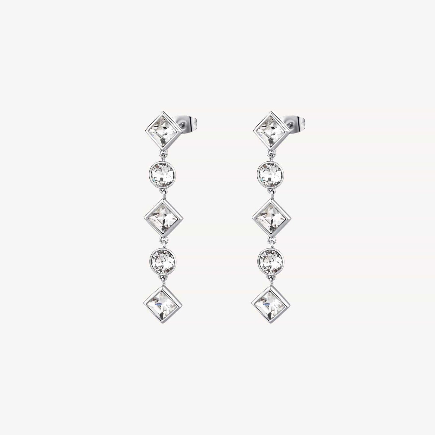 EAR-SS Stainless Steel Long Round & Square Crystals Earrings