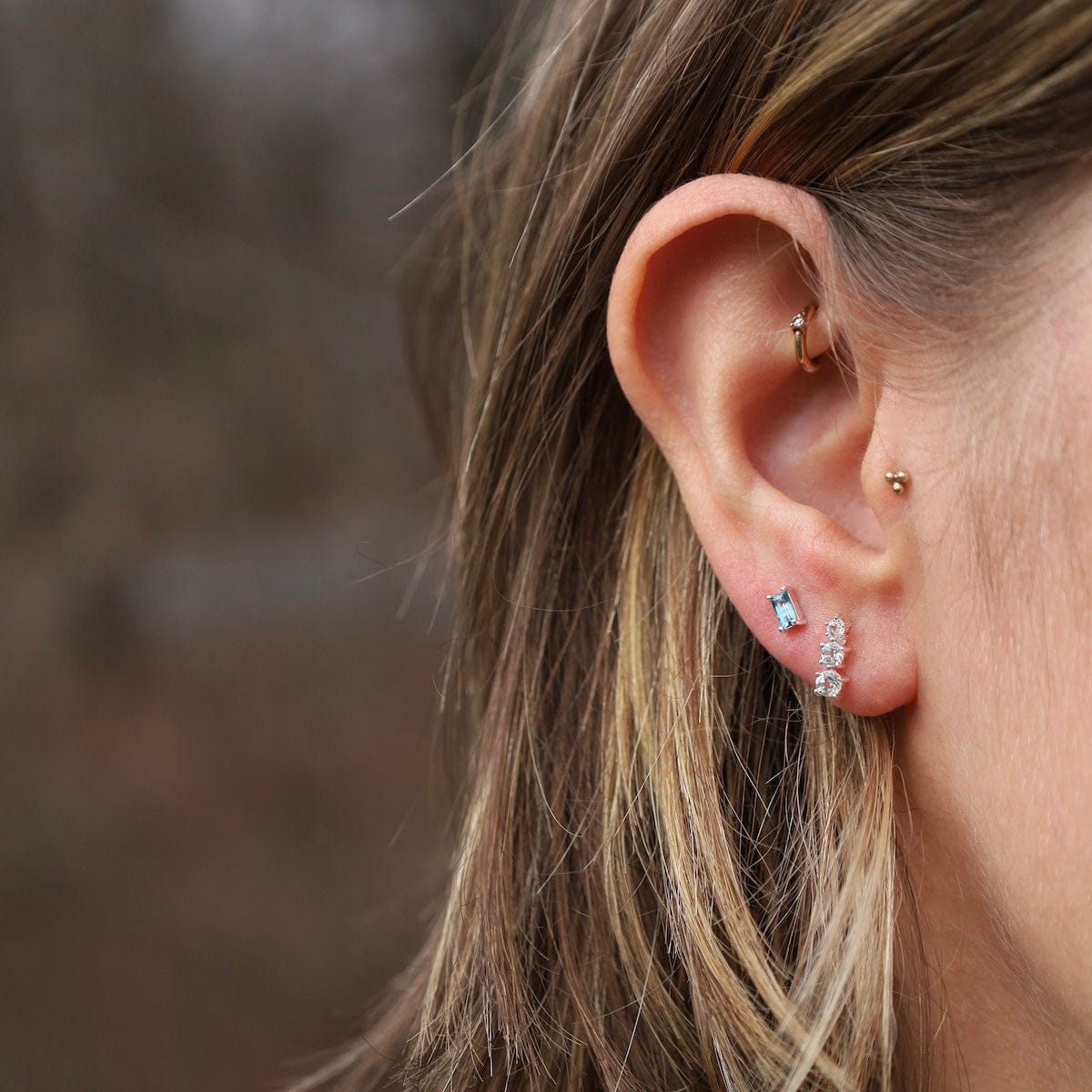 EAR Stacked Three Stone Stud Earrings in White Topaz