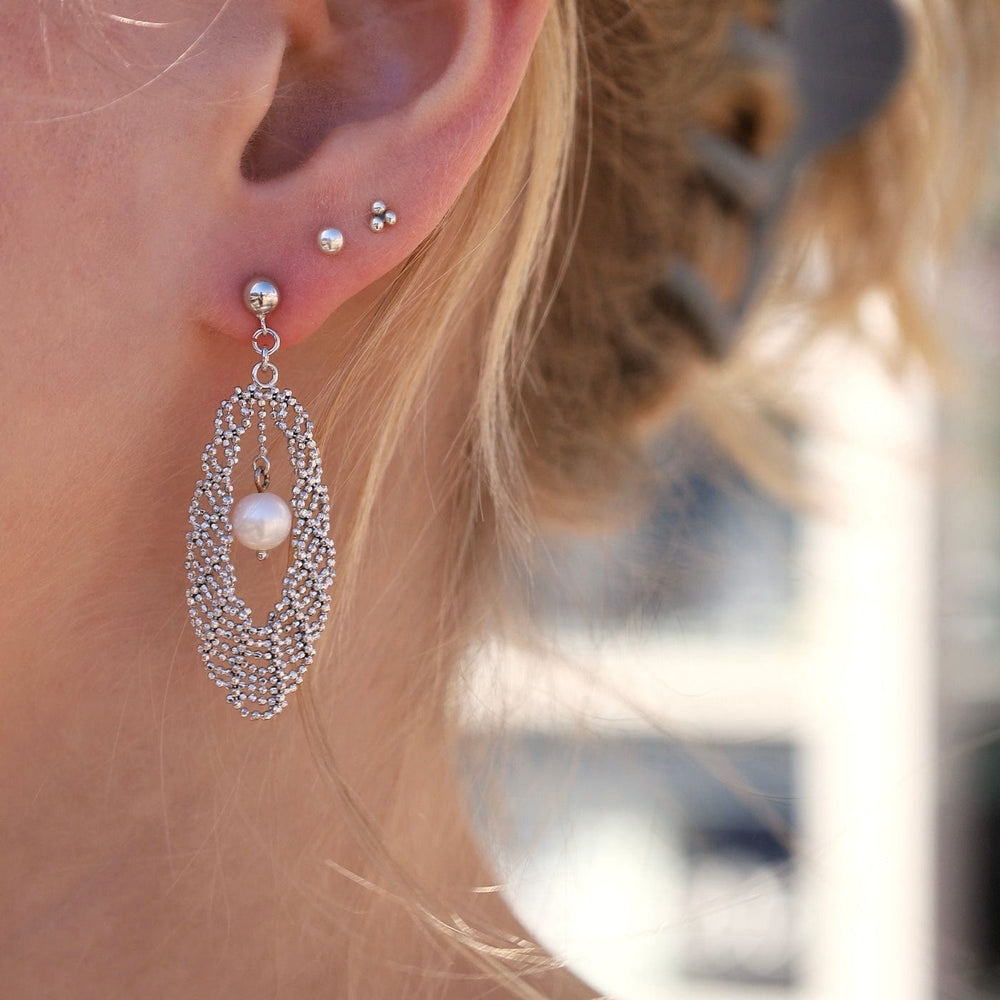 EAR Sterling Lace Oval with Pearl Earrings