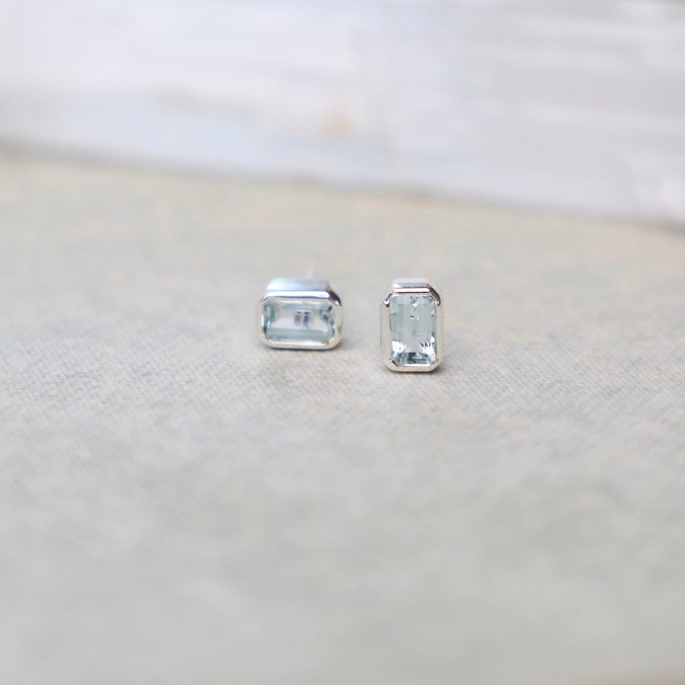 EAR Sterling Silver Bezel Set Octagon Cut Aquamarine Post Earrings