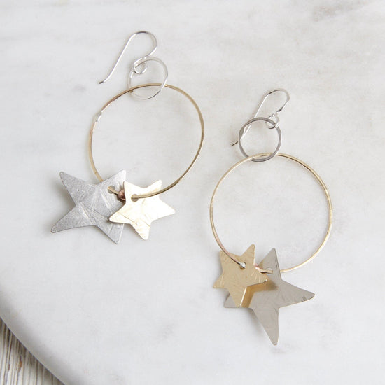 EAR Sterling Silver & Brass Double Star Loopy Earrings