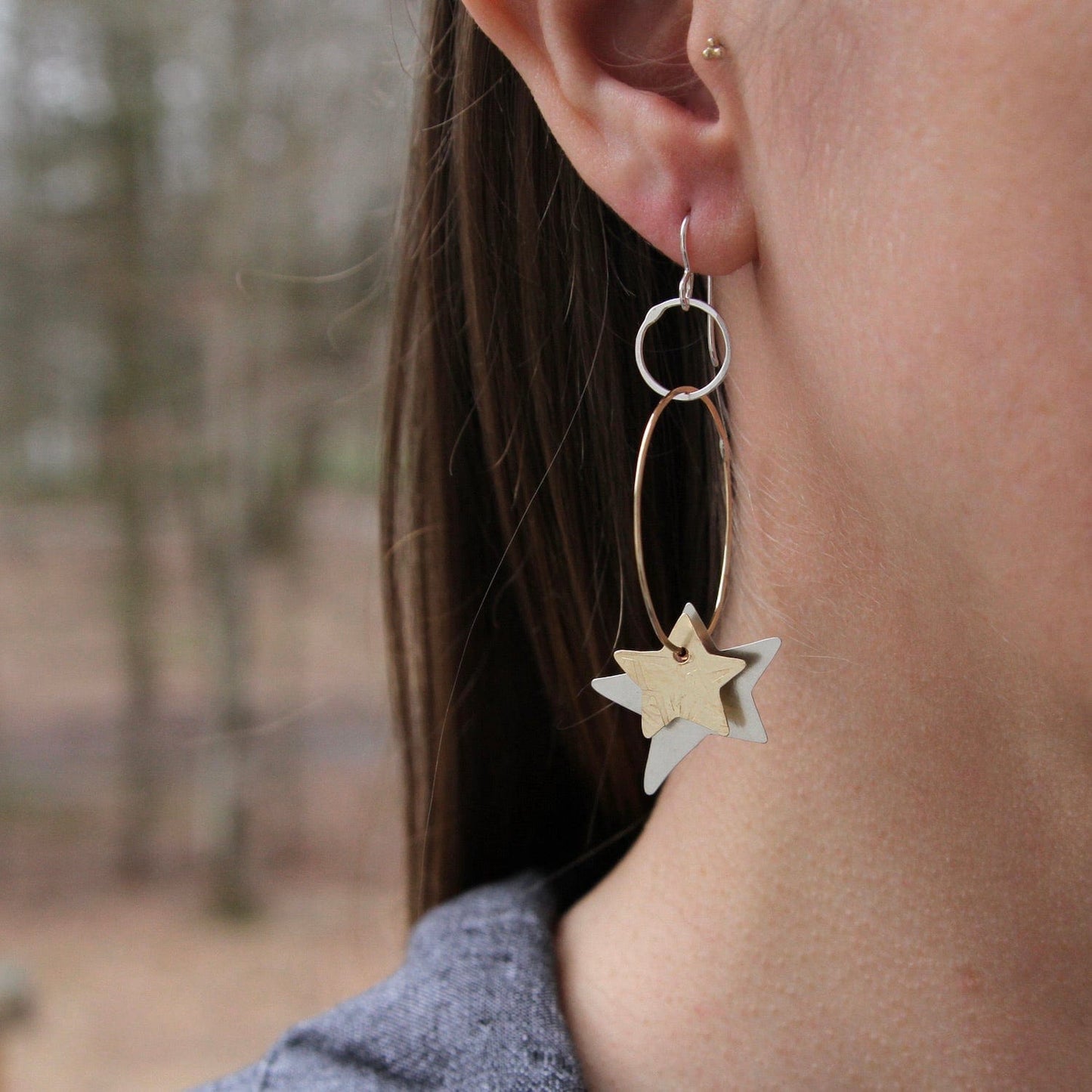 EAR Sterling Silver & Brass Double Star Loopy Earrings