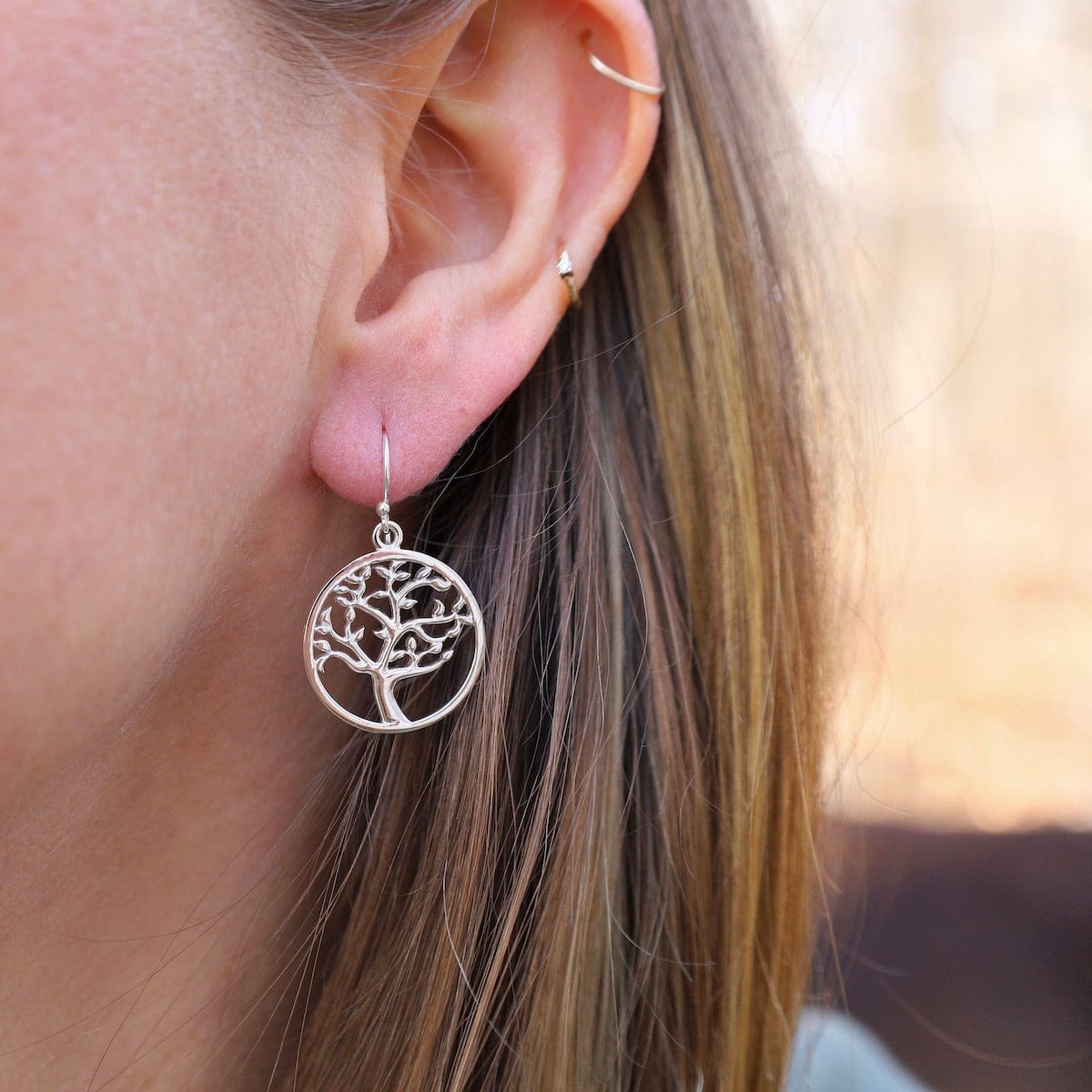 EAR Sterling Silver Cut Out Tree in Circle Earrings