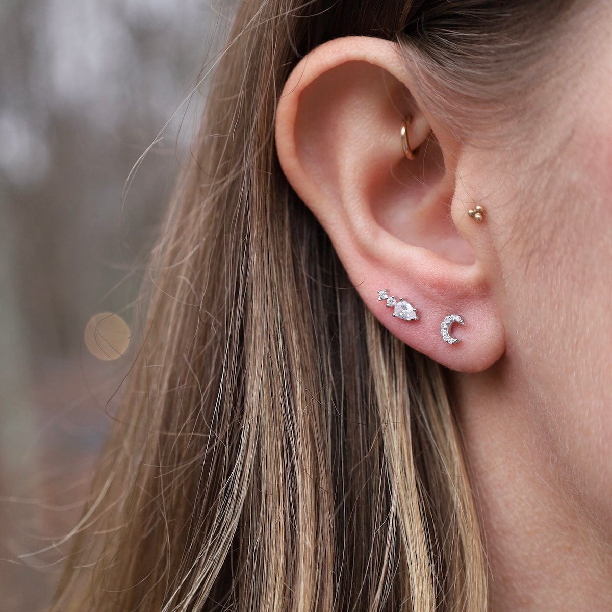 EAR Sterling Silver CZ Pear & Two Round Barbell Single Stud Earring