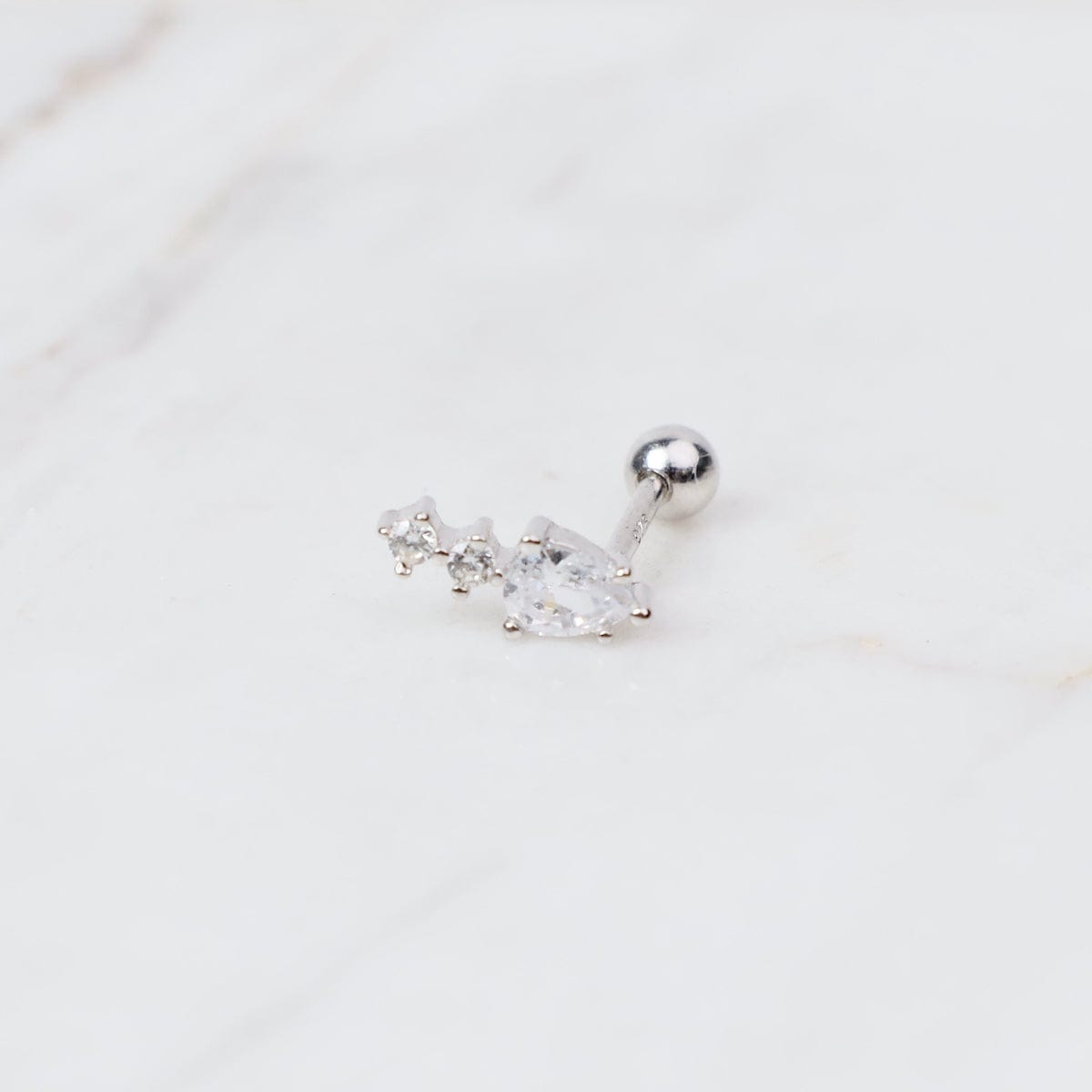 EAR Sterling Silver CZ Pear & Two Round Barbell Single Stud Earring