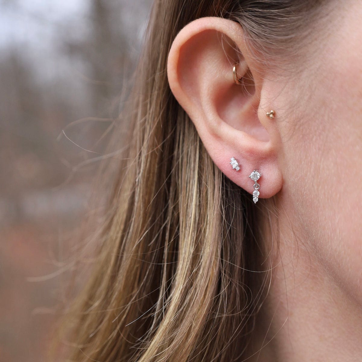 EAR Sterling Silver CZ Square & Two Round Barbell Single Stud Earring