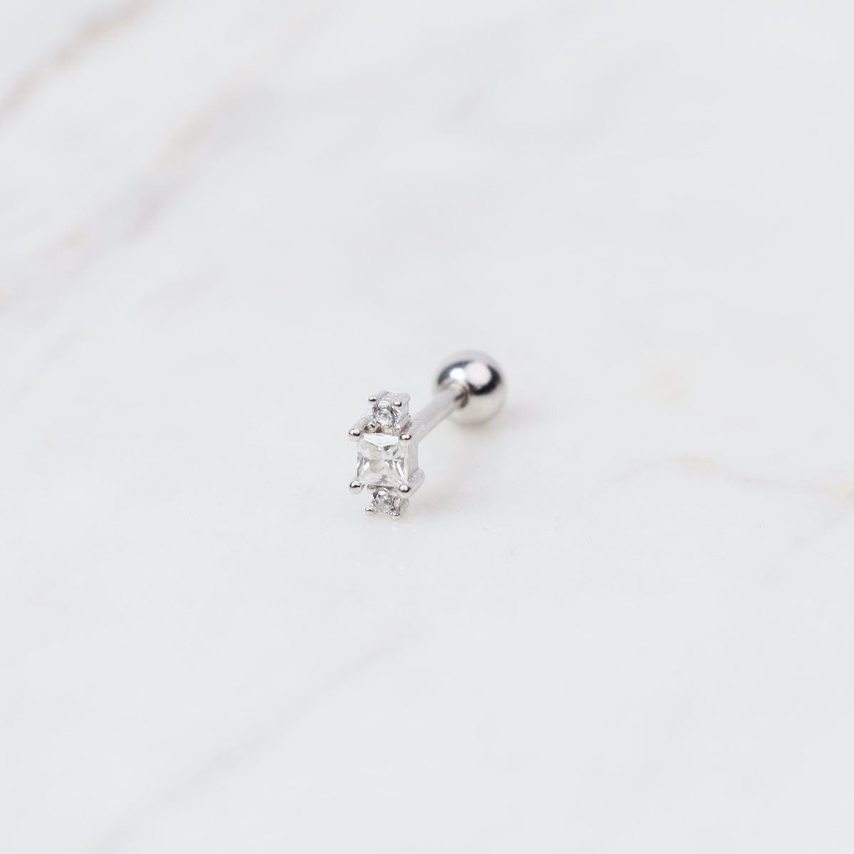 EAR Sterling Silver CZ Square & Two Round Barbell Single Stud Earring