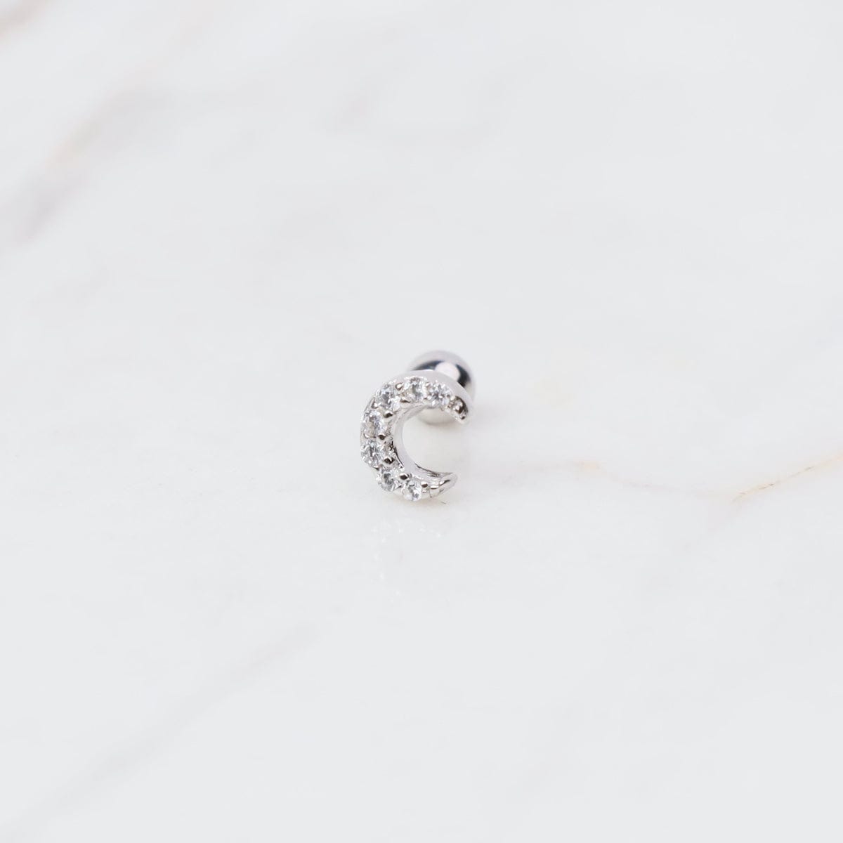 EAR Sterling Silver CZ Tiny Crescent Moon Barbell Single Stud Earring