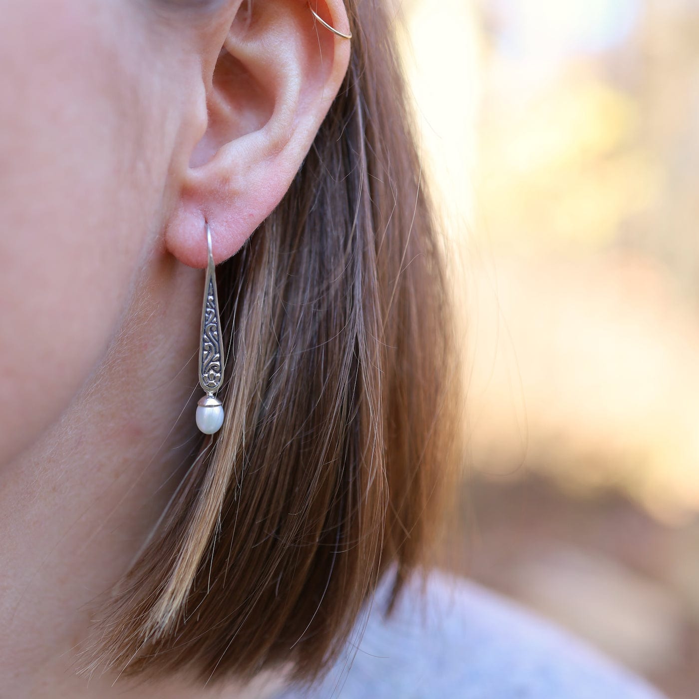 EAR Sterling Silver Embossed Dangle with Pearl Drop