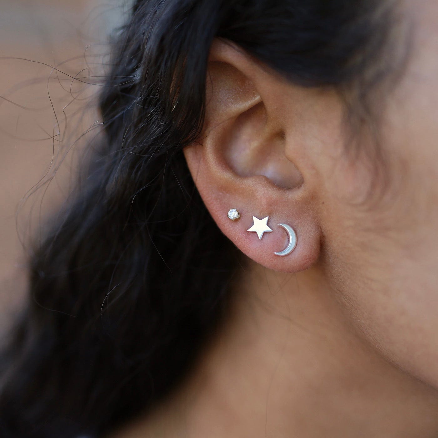 EAR Sterling Silver Flat Moon and Star Studs