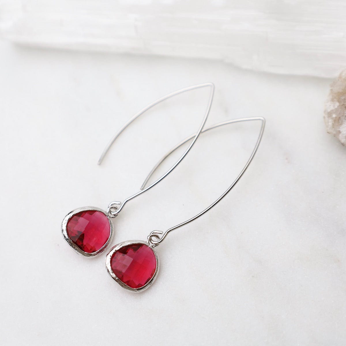 EAR Sterling Silver Gem Dangle Earrings - Fuchsia