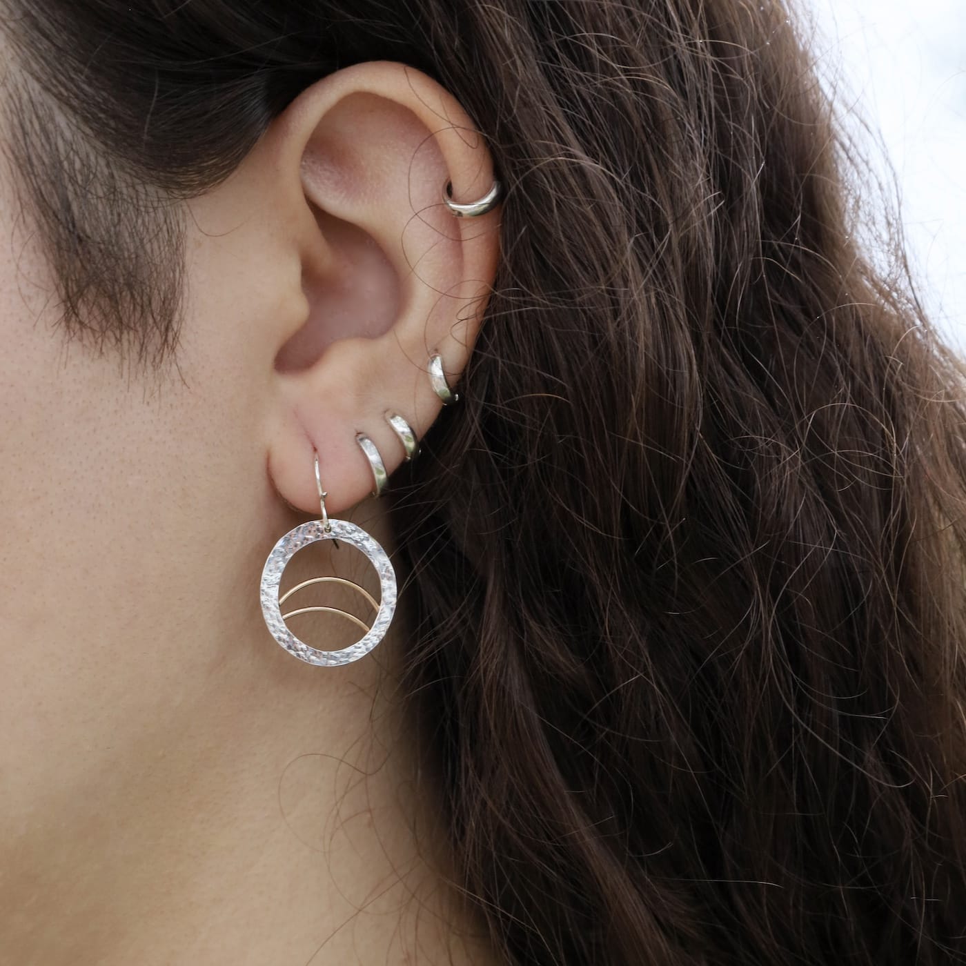 EAR Sterling Silver & Gold Filled Hammered Circle Double Arc Earrings