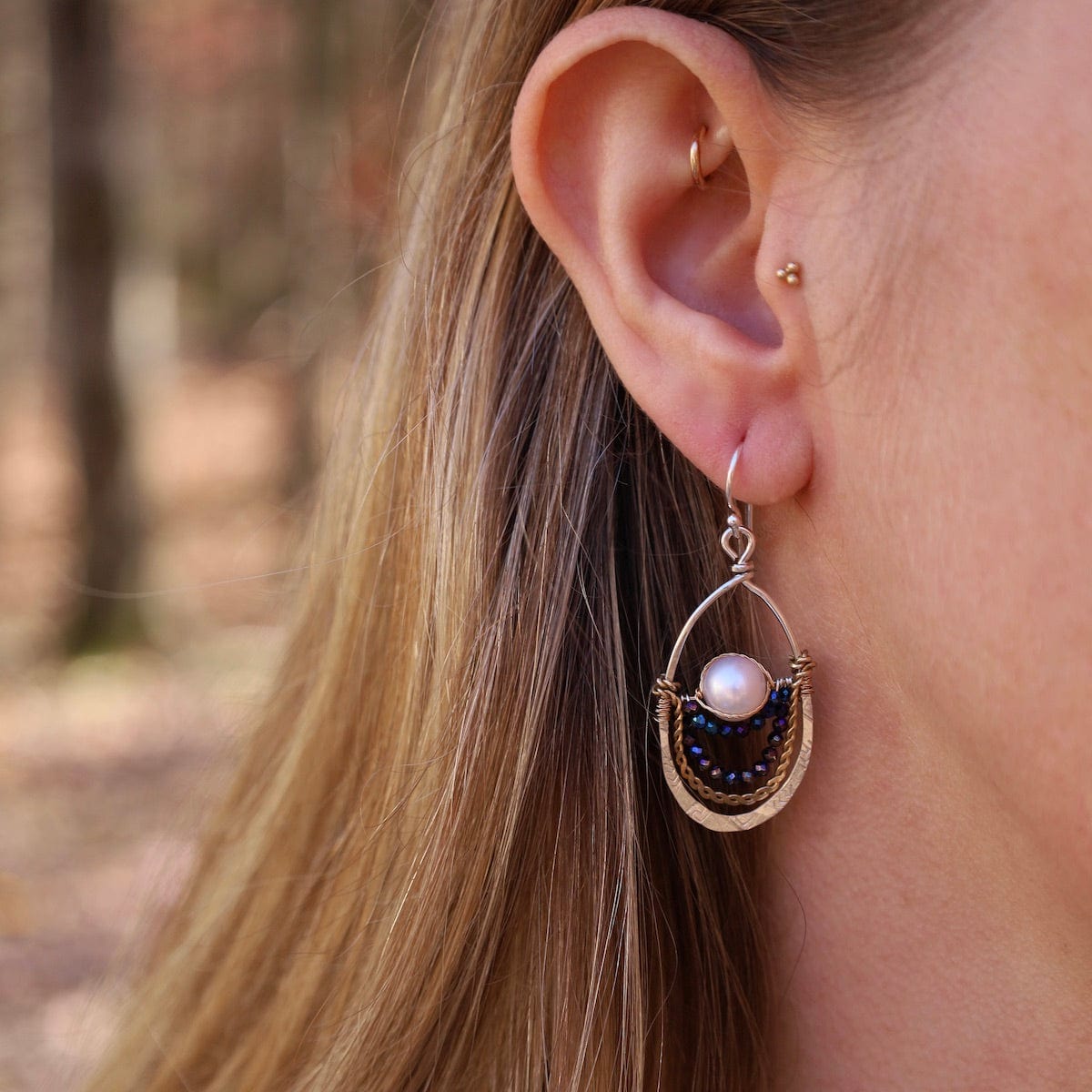 EAR Sterling Silver & Gold Filled Pearl Vintage Drop Earrings