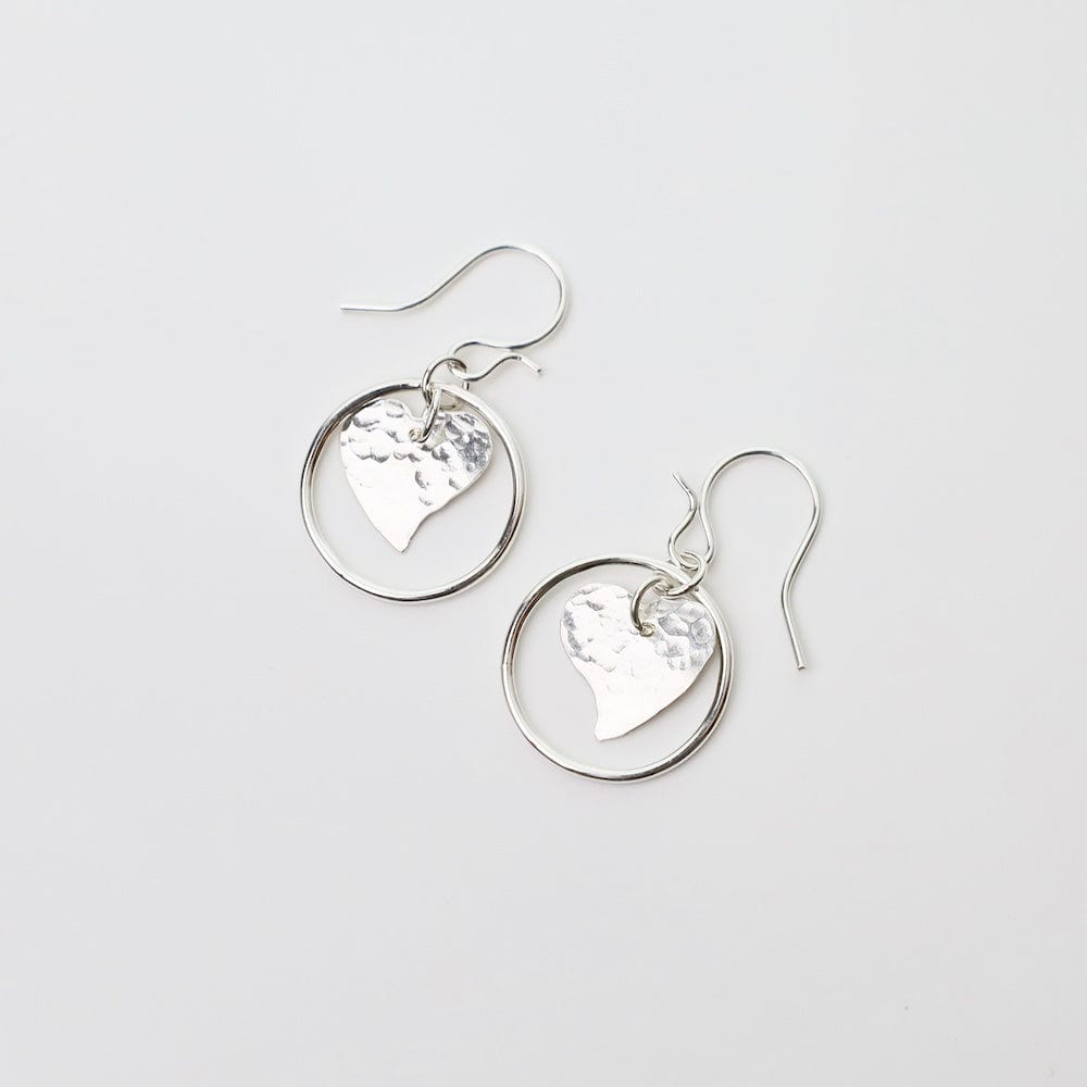 EAR Sterling Silver Hammered Heart in Circle Earrings