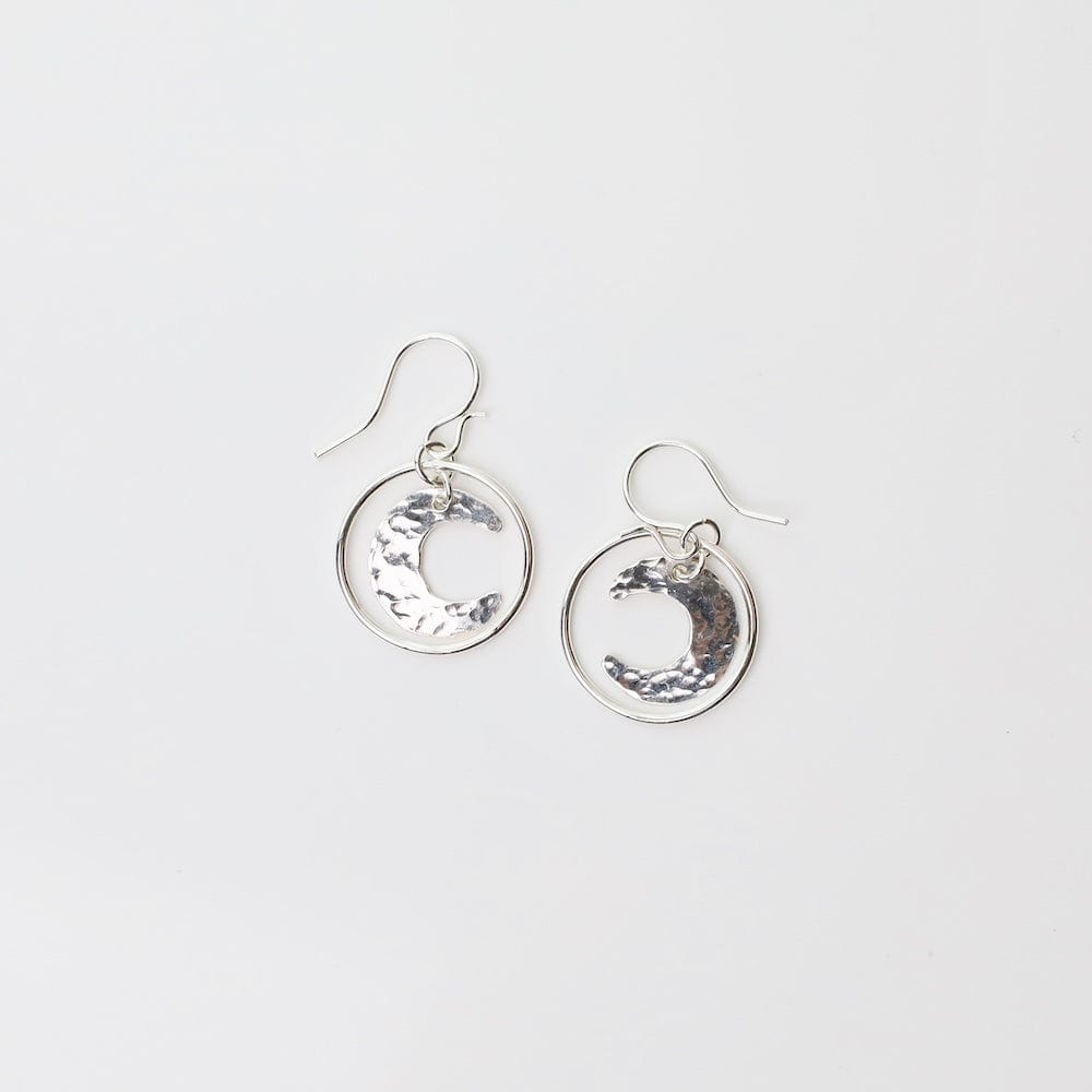 EAR Sterling Silver Hammered Moon in Circle Earrings