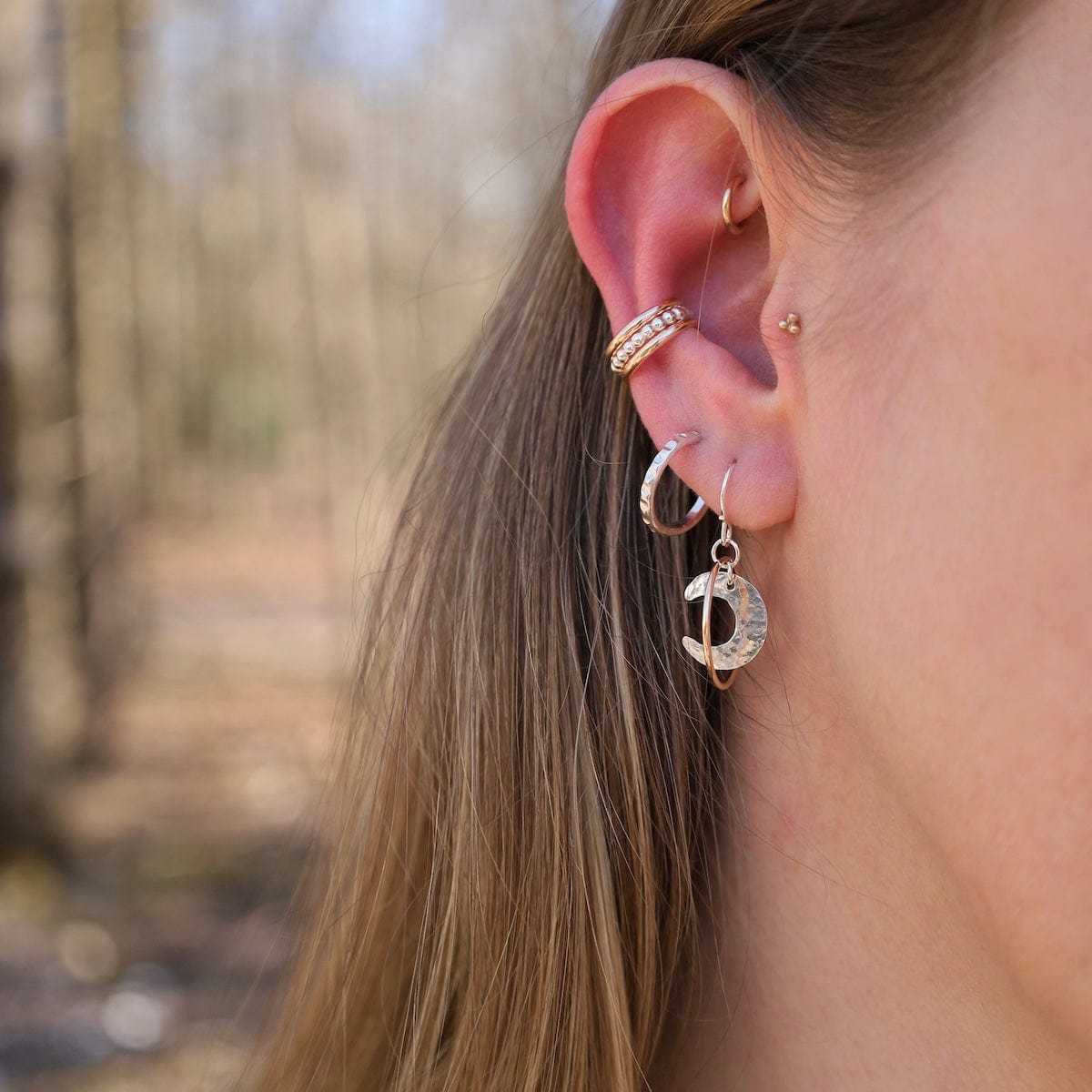 EAR Sterling Silver Hammered Moon in Gold Filled Circl