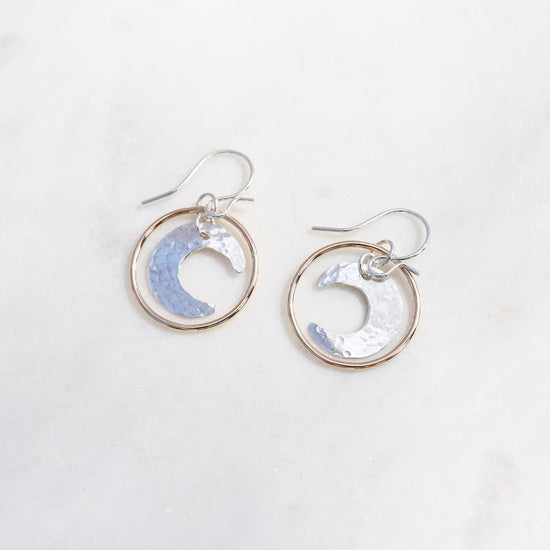 EAR Sterling Silver Hammered Moon in Gold Filled Circle Dangle Earrings