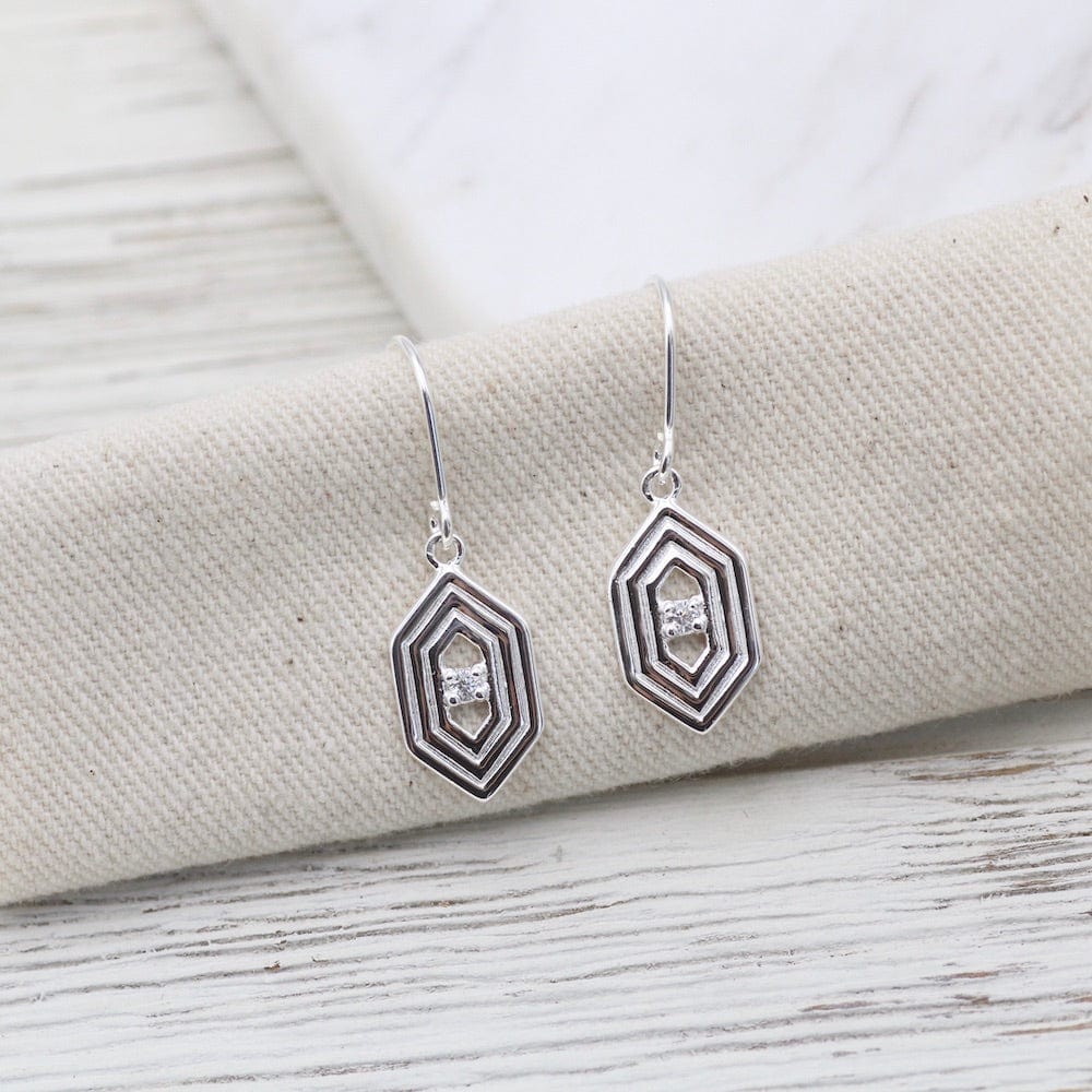 EAR Sterling Silver Hex with Ridges and Cubic Zirconium Earring