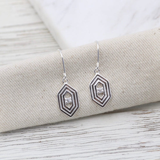 Load image into Gallery viewer, EAR Sterling Silver Hex with Ridges and Cubic Zirconium Earring
