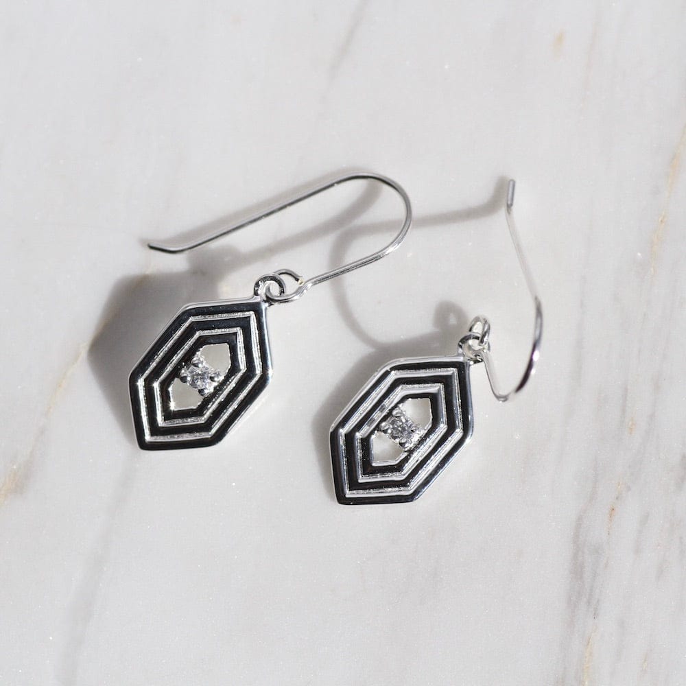 Load image into Gallery viewer, EAR Sterling Silver Hex with Ridges and Cubic Zirconium Earring
