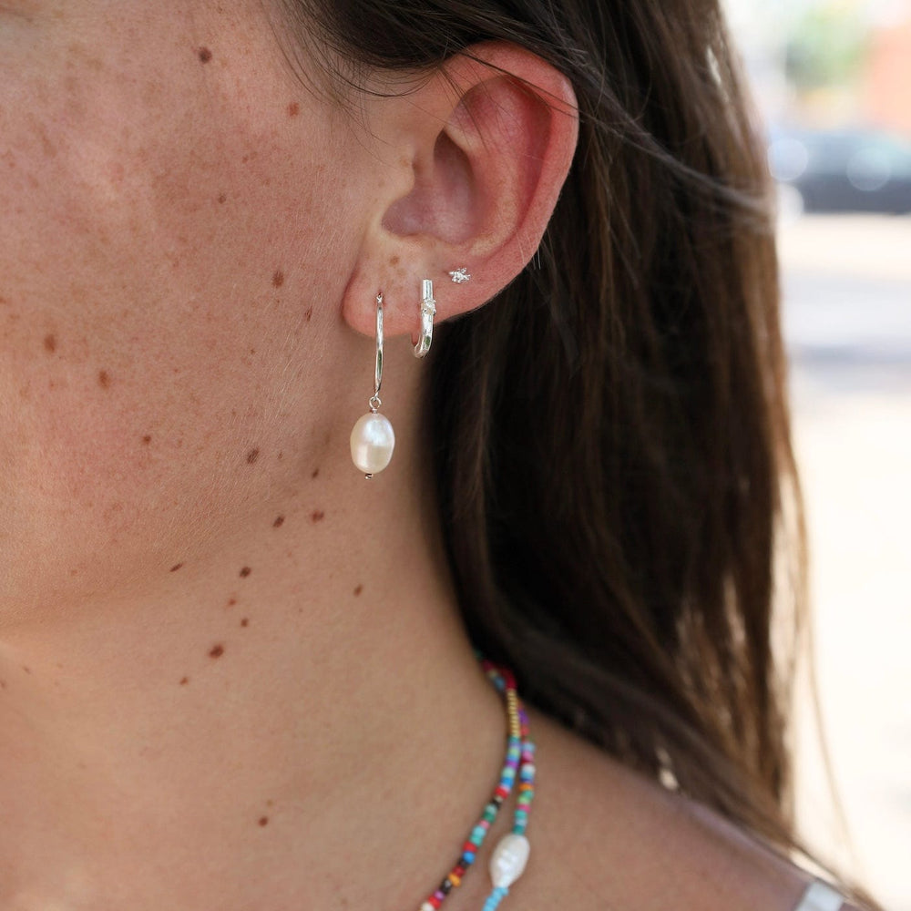 EAR Sterling Silver Hoop with Hanging Pearl Earrings