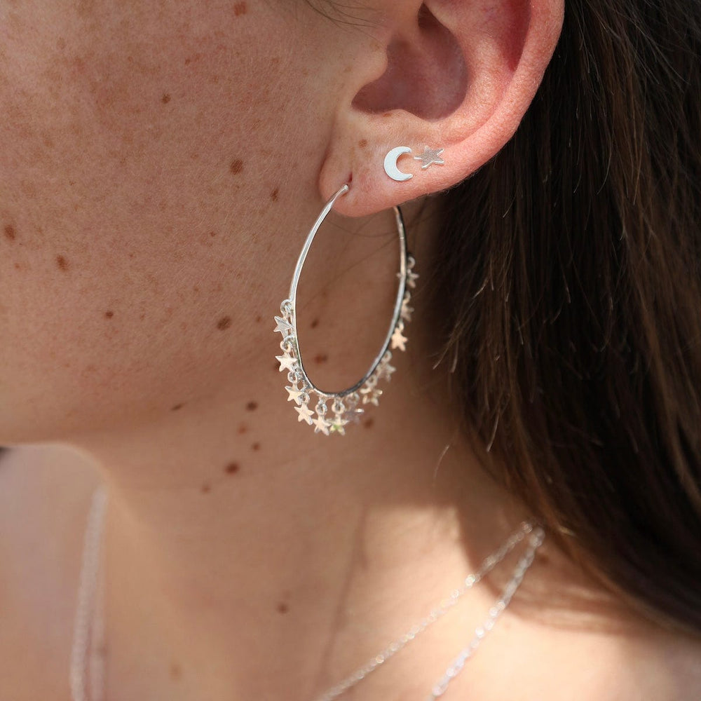 EAR Sterling Silver Hoops with Tiny Star Charm Dangle Earrings