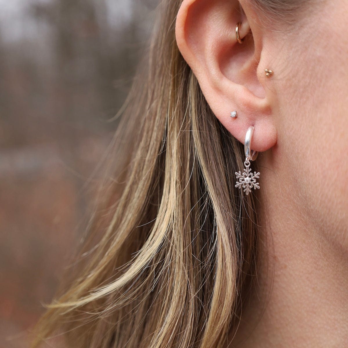 EAR Sterling Silver Huggie Hoop with Snowflake Drop Earrings