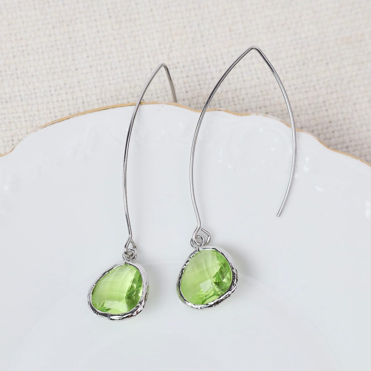 EAR Sterling Silver Long Crystal Drop  - Apple Green