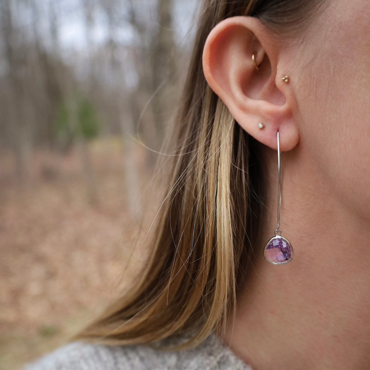 EAR Sterling Silver Long Crystal Drop Earrings - Violet Opal