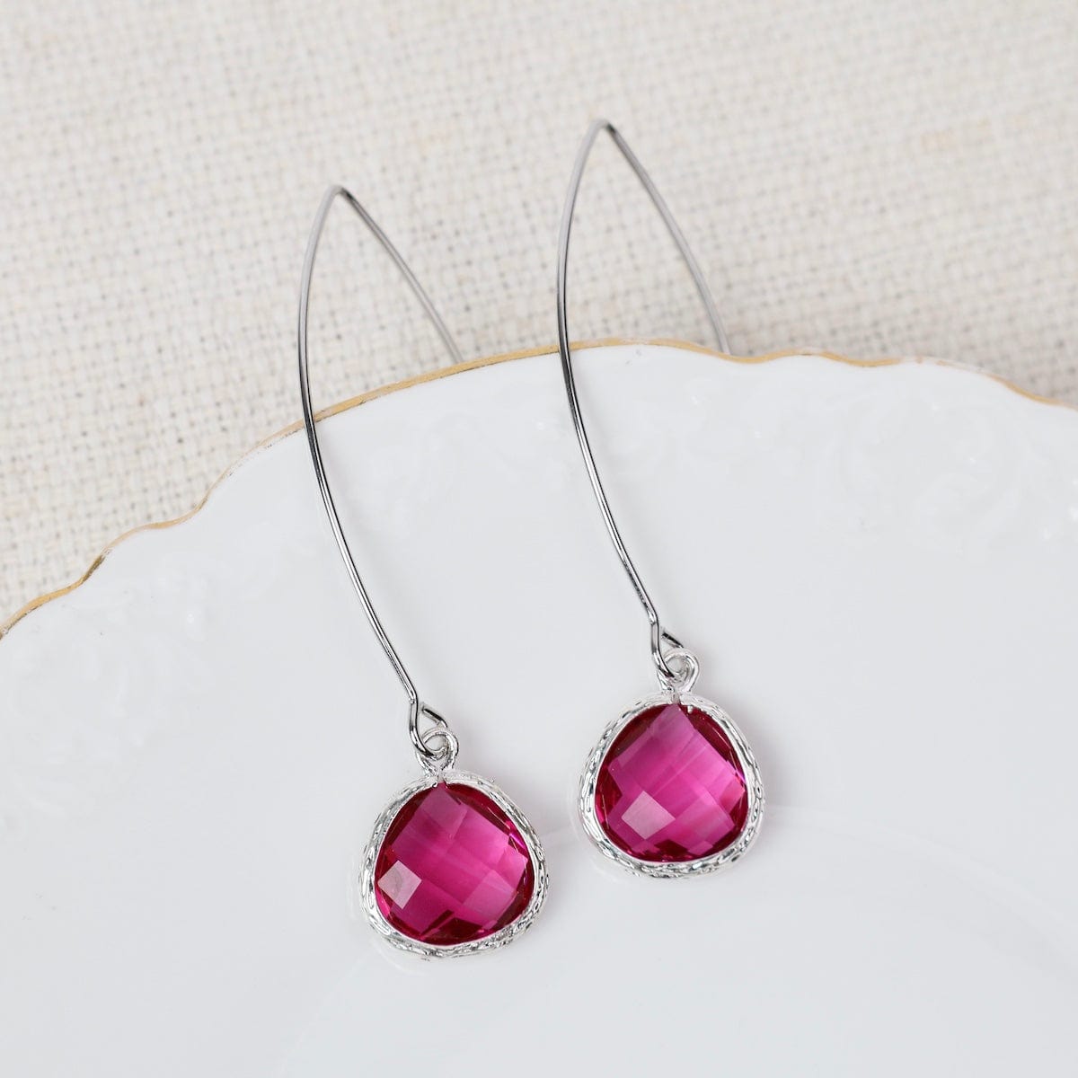 EAR Sterling Silver Long Crystal Drop  - Hot Pink