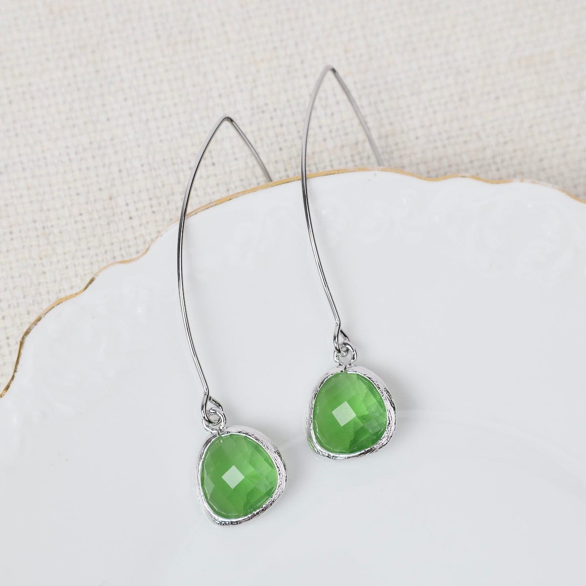 EAR Sterling Silver Long Crystal Drop  - Spring Green